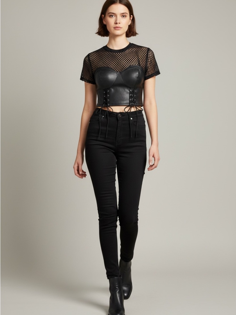 ROMWE punk gothic slim fit fishnet cross straps lace up tshirt sz L HHN